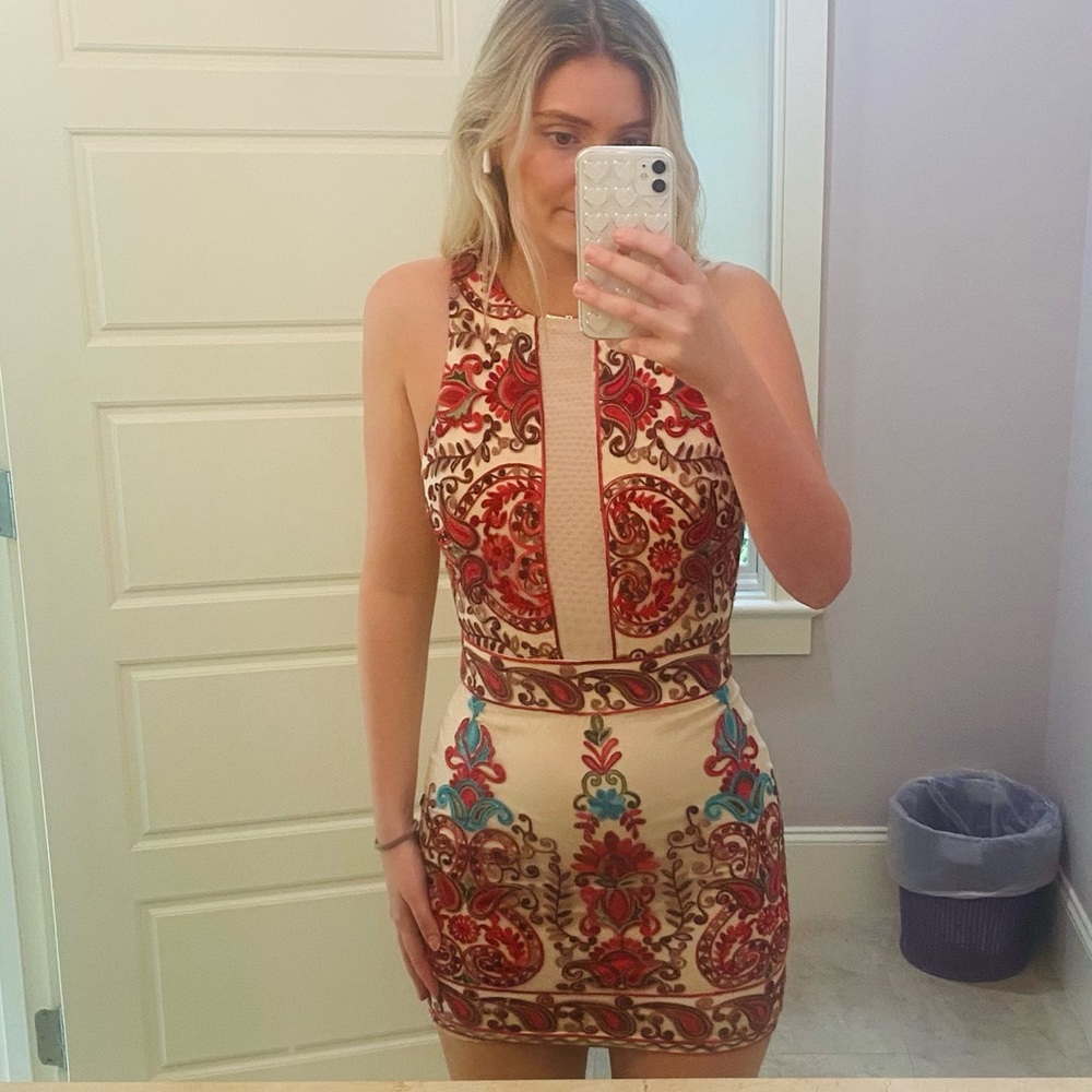 Cream & Red Embroidered Dress
